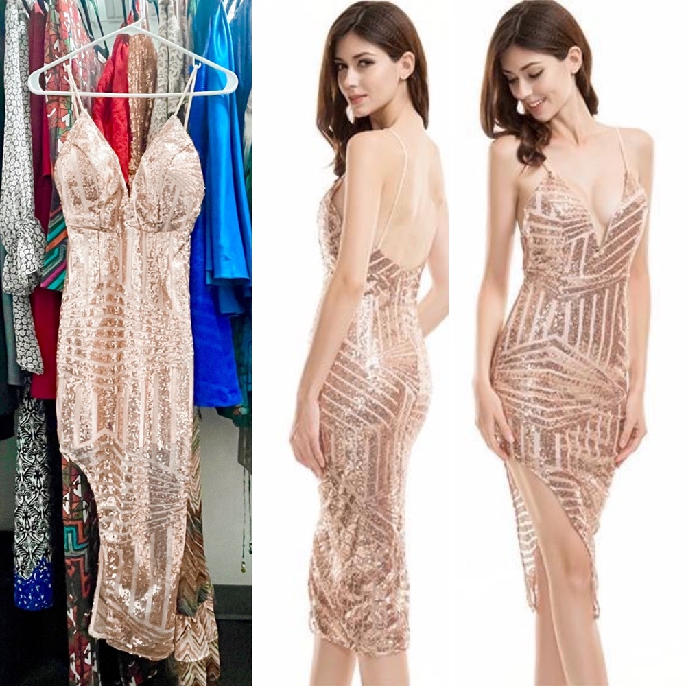 Sexy rose gold holiday party sequin dress, size XS